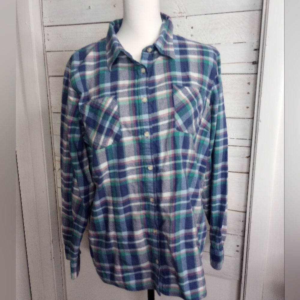 L.L. Bean Plaid Flannel Long Sleeve Button Front Top Women's XL Blue Purple.